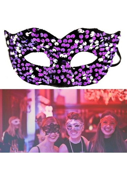 Mor Renk Arkadan Lastikli Pul Payet Işlemeli Balo After Parti Maskesi
