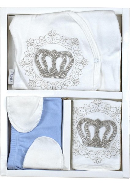 Erkek Bebek Mavi Prens Taşlı Lüks 5 Li Hastane Çıkışı Yenidoğan Seti