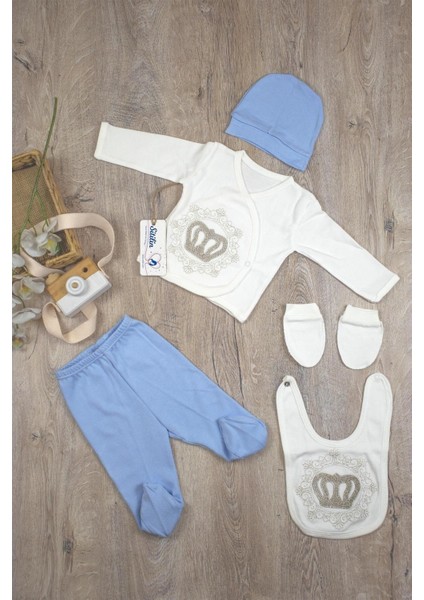 Erkek Bebek Mavi Prens Taşlı Lüks 5 Li Hastane Çıkışı Yenidoğan Seti fiyatları
