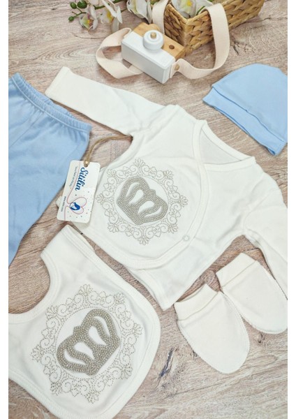 Erkek Bebek Mavi Prens Taşlı Lüks 5 Li Hastane Çıkışı Yenidoğan Seti modelleri