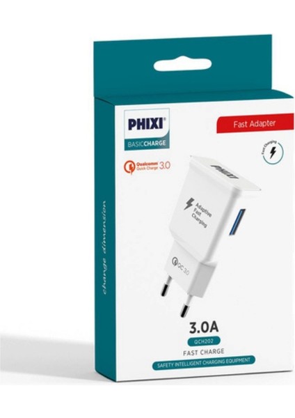 Qualcomm 3.0 Destekli 12V / 3A Hızlı Şarj Adaptörü – Ultra Hızlı ve Güvenilir Şarj Deneyimi- Phixi QCH202 Basic 12V / 3A Qualcomm 3.0 Hızlı Şarj Adaptörü