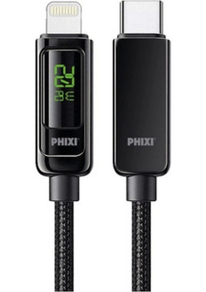 20W LCD Ekranlı Hasır Örgü ve Güçlendirilmiş Metal Başlıklı Type-C To Lightning Hızlı Şarj ve Data Kablo - Phixi Ultimate UPD4160L