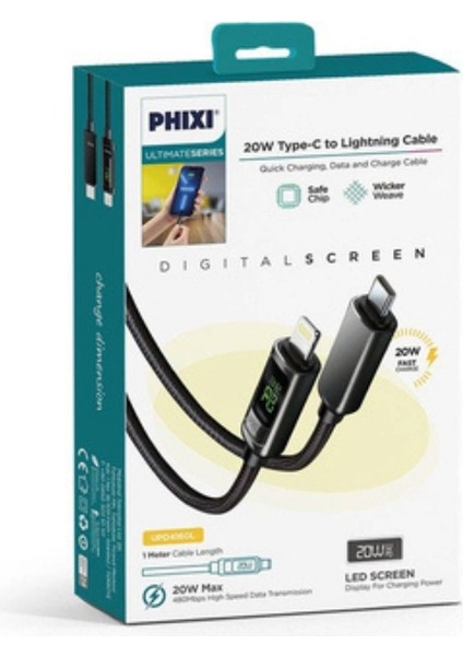 20W LCD Ekranlı Hasır Örgü ve Güçlendirilmiş Metal Başlıklı Type-C To Lightning Hızlı Şarj ve Data Kablo - Phixi Ultimate UPD4160L