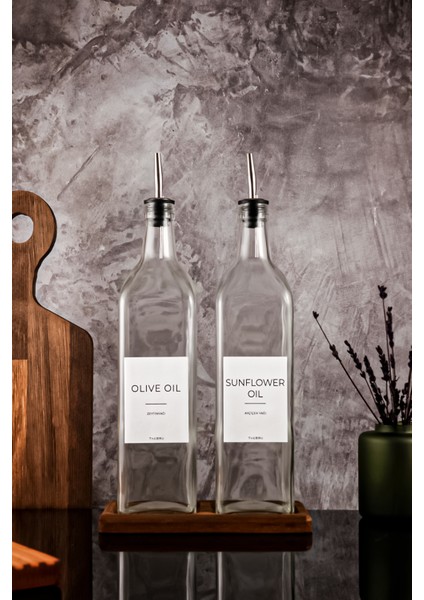 1litre Ahşap Stantlı Şeffaf White Serisi Zeytinyağı Şişesi Ayçiçek Yağı Şişesi Set