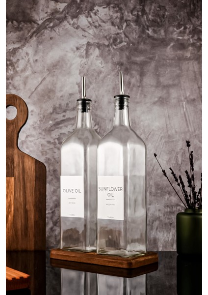 1litre Ahşap Stantlı Şeffaf White Serisi Zeytinyağı Şişesi Ayçiçek Yağı Şişesi Set modelleri