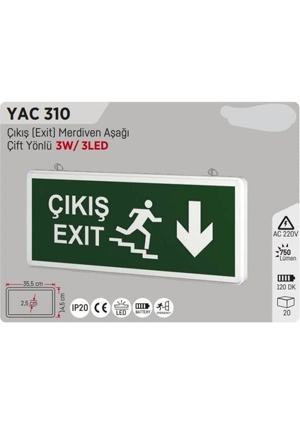 YAC-310 Merdiven Aşağı Çıkış Exit Levhası Şarjlı Ledli