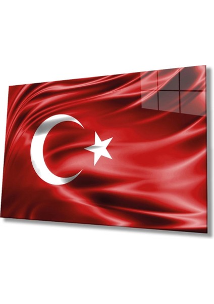 Kırmızı Dalgalı Türk Bayrağı Cam Tablo, Ev ve Ofis Duvar Dekoru, Büyük Temperli Cam Tablo