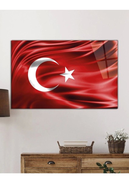 Kırmızı Dalgalı Türk Bayrağı Cam Tablo, Ev ve Ofis Duvar Dekoru, Büyük Temperli Cam Tablo