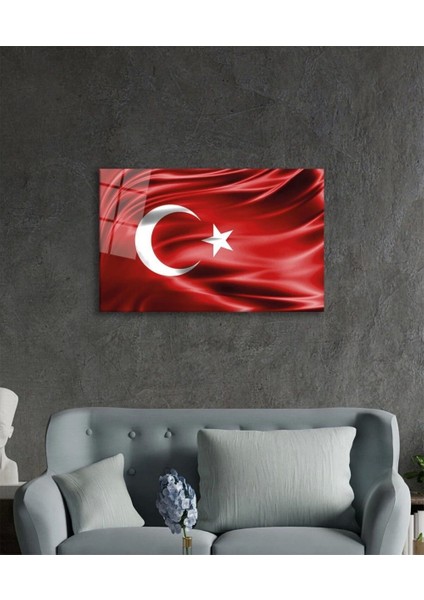Kırmızı Dalgalı Türk Bayrağı Cam Tablo, Ev ve Ofis Duvar Dekoru, Büyük Temperli Cam Tablo