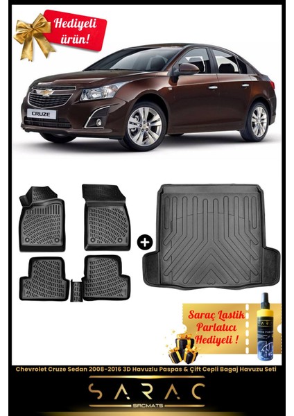 Chevrolet Cruze Sedan 2008-2016 Araca Özel 3D Havuz Paspas & Çift Cepli Bagaj Havuz Seti+