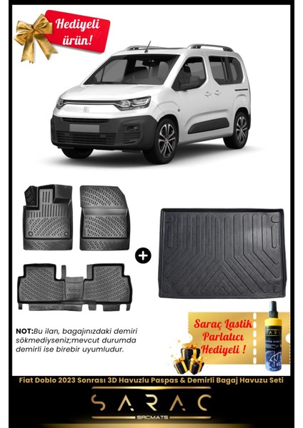 Fiat Doblo 2023 Sonrası Araca Özel 3D Havuzlu Paspas & Demirli Bagaj Havuzu Seti+