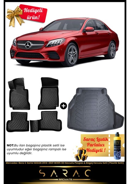 Mercedes-Benz C Serisi Sedan 2014-2021 W205 3D Havuz Paspas&bagaj Havuz Set(Plastik Setli)+Hediyeli
