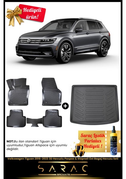 Volkswagen Tiguan 2016-2023 3D Havuzlu Paspas & Stepneli Üst Bagaj Havuzu Seti+