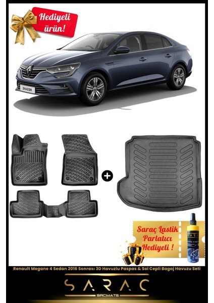 Renault Megane 4 Sedan 2016 Sonrası 3D Havuzlu Paspas & Sol Cepli Bagaj Havuzu Seti+