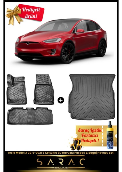 Tesla Model x 2015-2021 5 Koltuklu Araca Özel 3D Havuzlu Paspas & Bagaj Havuzu Seti+