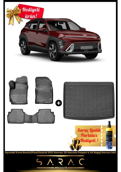 Hyundai Kona Benzin/dizel/hybrid 2023 Sonrası 3D Havuzlu Paspas & Alt Bagaj Havuzu Seti+