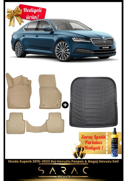 Skoda Superb 2015-2023 Bej Havuzlu Paspas & Bagaj Havuzu Seti