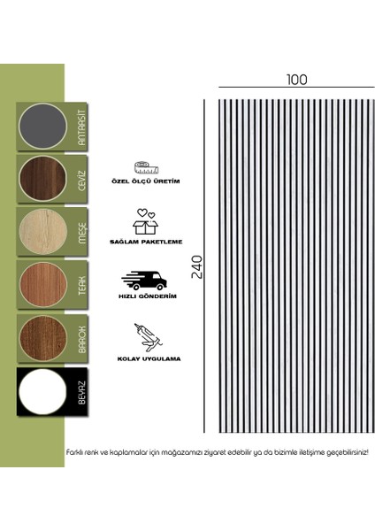 100 x 240 Mdf Ahşap Akustik Duvar ve Tavan Paneli-Beyaz