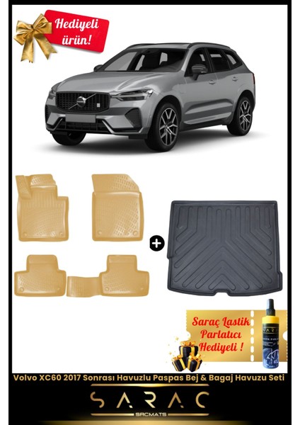 Volvo XC60 2017 Sonrası Araca Özel 3D Bej Havuzlu Paspas & Bagaj Havuzu Seti (Hediyeli!)