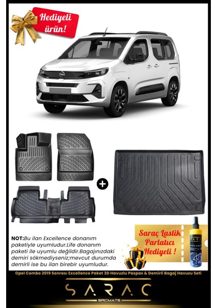 Opel Combo 2019 Sonrası Excellenc Paket 3D Havuzlu Paspas & Demirli Bagaj Havuzu Seti+