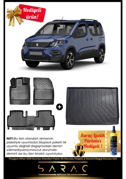 Peugeot Rifter 2019 Sonrası Standart Paket 3D Havuzlu Paspas & Demirli Bagaj Havuzu Seti+