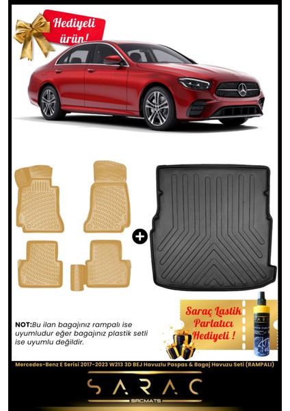 Mercedes-Benz E Serisi 2017-2023 W213 3D Bej Havuzlu Paspas & Bagaj Havuz Seti (Rampalı)+