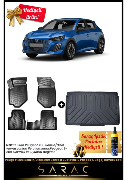 Peugeot 208 Benzin/dizel 2019 Sonrası Araca Özel 3D Havuzlu Paspas & Bagaj Havuzu Seti