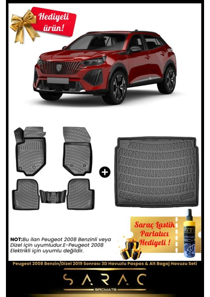 Peugeot 2008 2019 Sonrası Benzin/dizel 3D Havuzlu Paspas & Alt Bagaj Havuzu Seti Zi