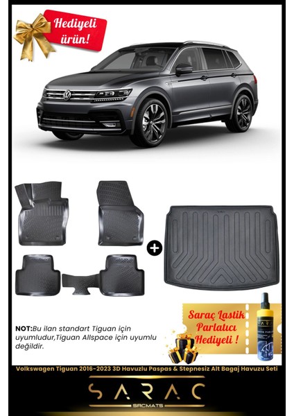 Volkswagen Tiguan 2016-2023 3D Havuzlu Paspas & Stepnesiz Alt Bagaj Havuzu Seti+