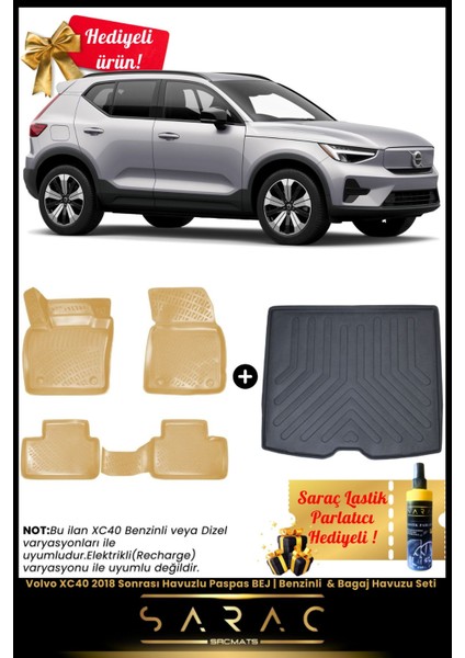 Volvo XC40 2018 Sonrası Araca Özel 3D Bej Havuzlu Paspas | Benzinli & Bagaj Havuzu Seti