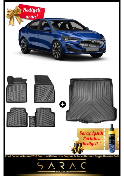 Ford Focus 4 Sedan 2018 Sonrası 3D Havuzlu Paspas & Ince Stepneli Bagaj Havuzu Seti+