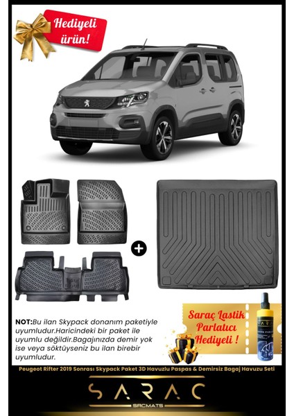 Peugeot Rifter 2019 Sonrası Skypack Paket 3D Havuzlu Paspas & Demirsiz Bagaj Havuzu Seti+