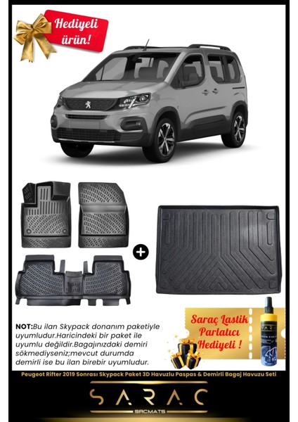 Peugeot Rifter 2019 Sonrası Skypack Paket 3D Havuzlu Paspas & Demirli Bagaj Havuzu Seti+