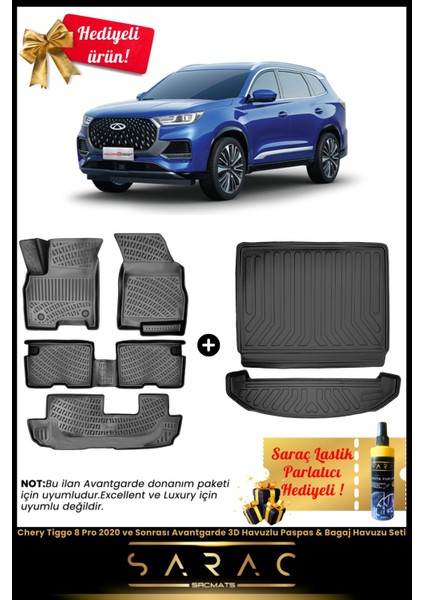 Chery Tiggo 8 Pro 2020 ve Sonrası Avantgarde 3D Havuzlu Paspas & Bagaj Havuzu Seti+