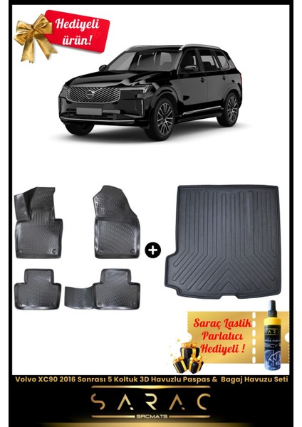 Volvo XC90 2016 Sonrası 5 Koltuk Araca Özel 3D Havuzlu Paspas & Bagaj Havuzu Seti