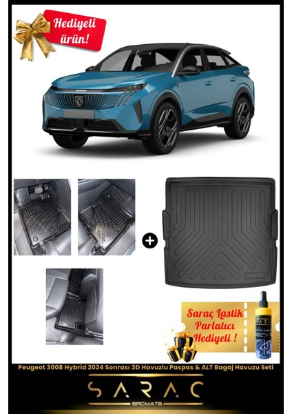 Peugeot 3008 Hybrid 2024 Sonrası Araca Özel 3D Havuzlu Paspas & Alt Bagaj Havuzu Seti+
