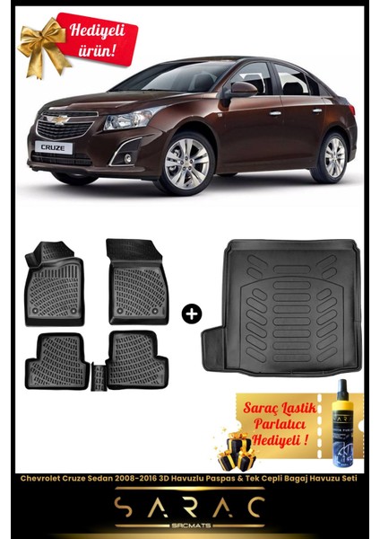 Chevrolet Cruze Sedan 2008-2016 Araca Özel 3D Havuz Paspas & Tek Cepli Bagaj Havuz Seti+