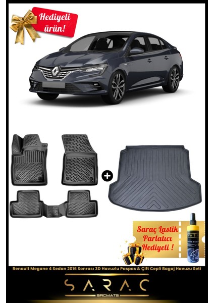 Renault Megane 4 Sedan 2016 Sonrası 3D Havuzlu Paspas & Çift Cepli Bagaj Havuzu Seti+