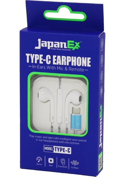 Japanex Type-C Kulak Içi Mikrofonlu Stereo Kulaklık Kablolu= 1.2mt Type-C Giriş Plastik Kutulu (4604)