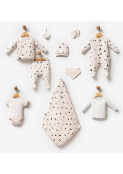 %100 0rganik Pamuk Panda Baskılı Kutulu 10 Parça Unisex Bebek Hastane Çıkış Seti