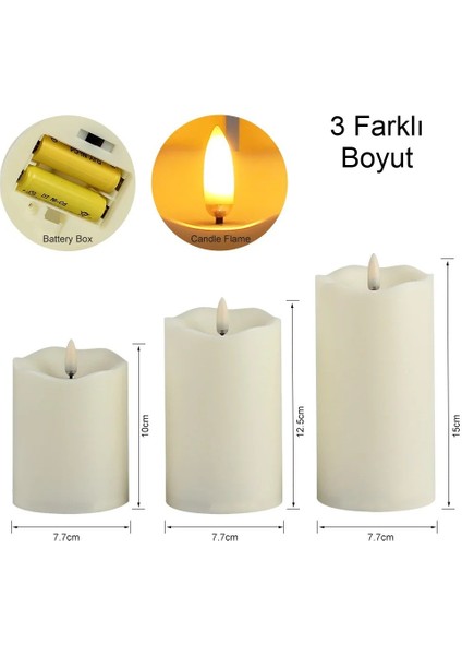 Kumandalı Alevsiz LED Titreyen Fitil Mum Gerçekçi Görünümlü Dekoratif Tasarım Hareketli Alev 3lü Set