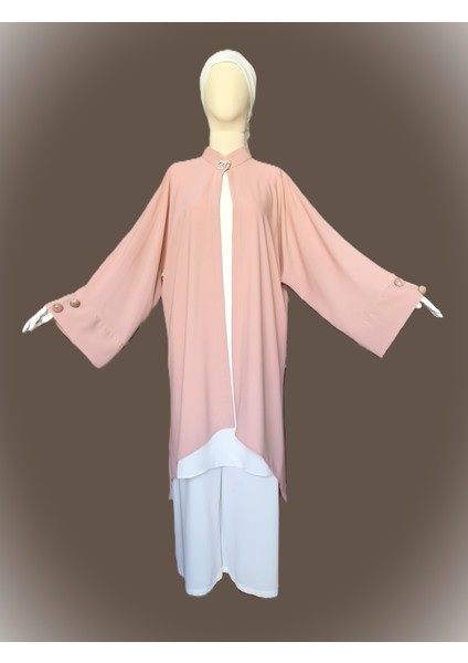 Broş Detaylı Pudra Rengi Dökümlü Abaya, Her Adımda Zarafet