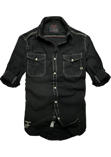 Slim Fit Likralı Esnek Kumaş Çift Cep Kot Gömlek---Siyah- Likra--