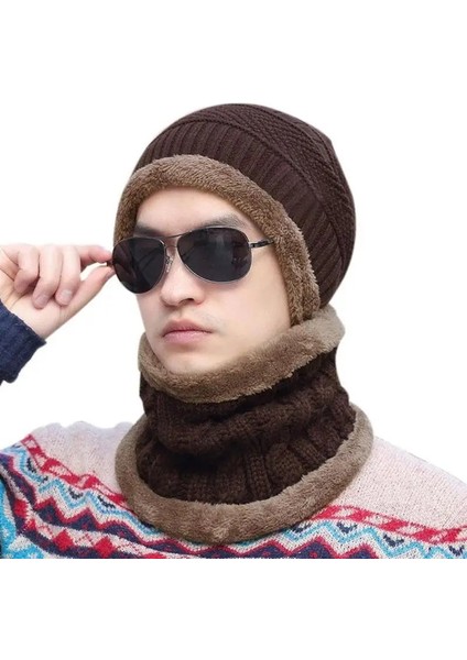 Bayan Erkek Unisex Kışlık Bere ve Boyunluk Set Koyu Kahverengi
