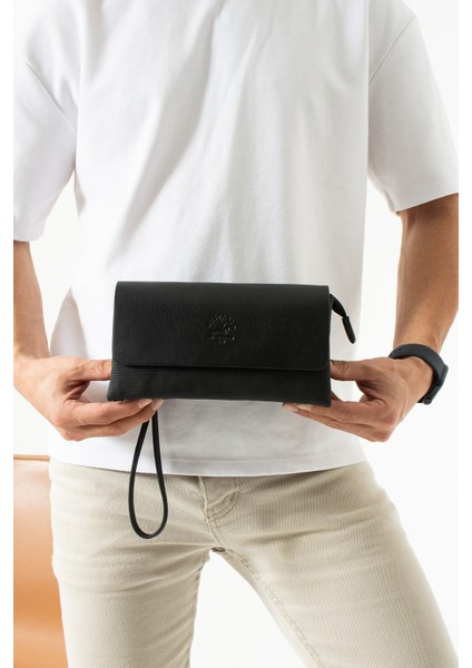 Unisex Kanvas Kumaş ve Vegan Deri Mıknatıslı El Portföyü - Siyah fırsatları