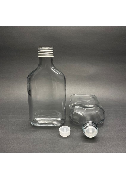 2 Adet 200 cc Yassı Kolonya Cam Şişe - Cam Konyak Likör Şişesi - 200 ml