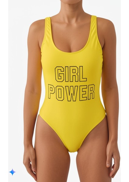 Sarı Dar Kalıp Girl Power Baskılı Mayo