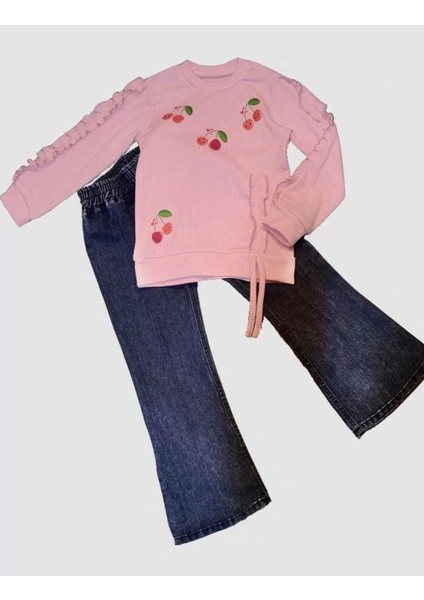 Kot Pantolonlu Kiraz Desenli Penye Sweat Uzun Kollu 2li Kız Çocuk Takımı Pembe