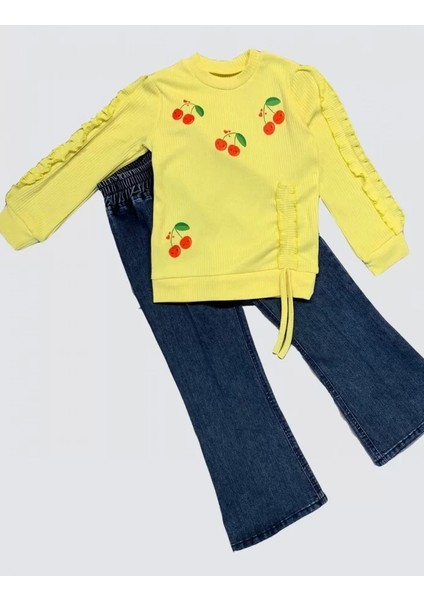 Kot Pantolonlu Kiraz Desenli Penye Sweat Uzun Kollu 2li Kız Çocuk Takımı Sarı