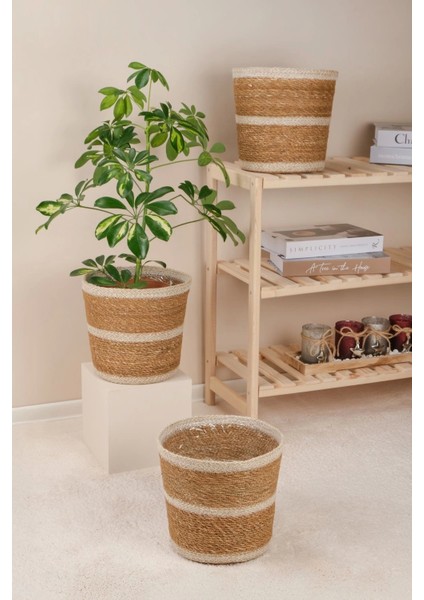 Martina - 3 Adet Dekoratif Iç Korumalı Doğal El Örmesi Hasır Saksı Sepet Seti 24 cm